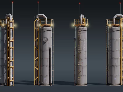 Future Architecture Tall Cylindrical Structures With Yellow Metal Frames Pipes And Red Top Antennas 3d model