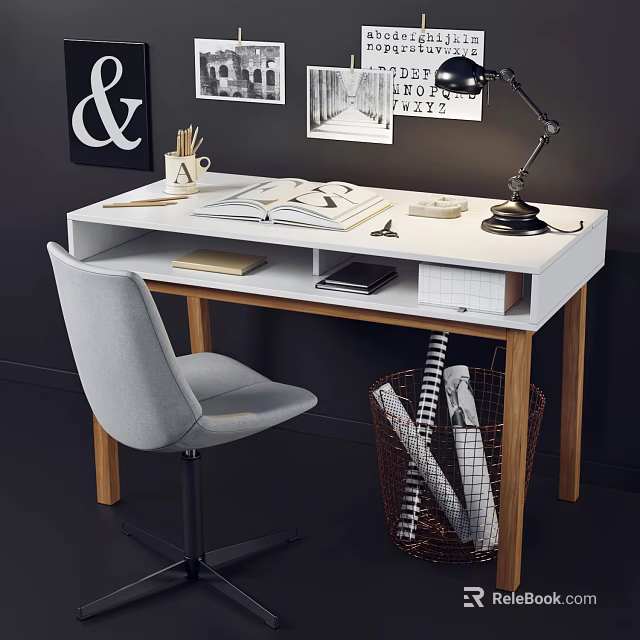 Modern Study Desk With Gray Chair Open Book Table Lamp And Wall Art 3d model 