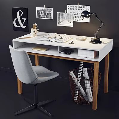 Modern Study Desk With Gray Chair Open Book Table Lamp And Wall Art 3d model