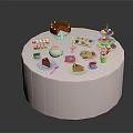 Assorted Afternoon Tea Desserts With Chocolate Cake Cookies And Teacups On Round White Tablecloth