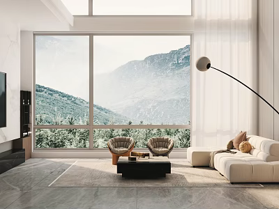 Modern Living Room Interior With Large Windows Mountain View Sofa And Floor Lamp 3d model