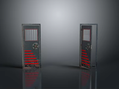 Metal Gate With Red Stripes Grid Design Double Doors One Open One Closed 3d model