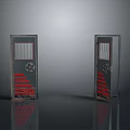 Metal Gate With Red Stripes Grid Design Double Doors One Open One Closed
