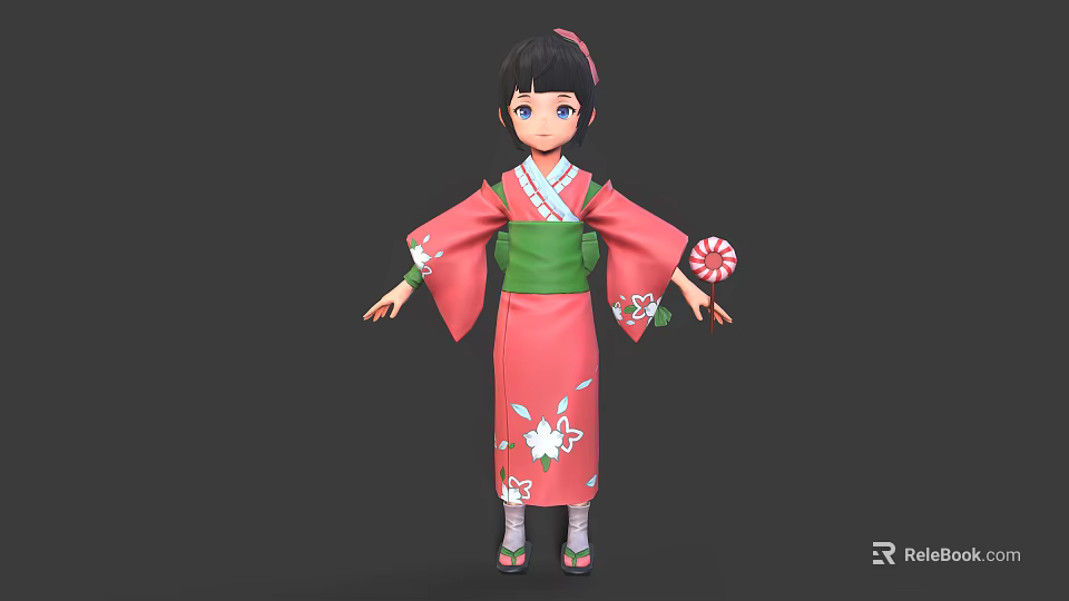 3D Character Model In Pink Kimono With Green Obi And White Floral Patterns 3d model 