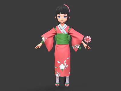 3D Character Model In Pink Kimono With Green Obi And White Floral Patterns 3d model