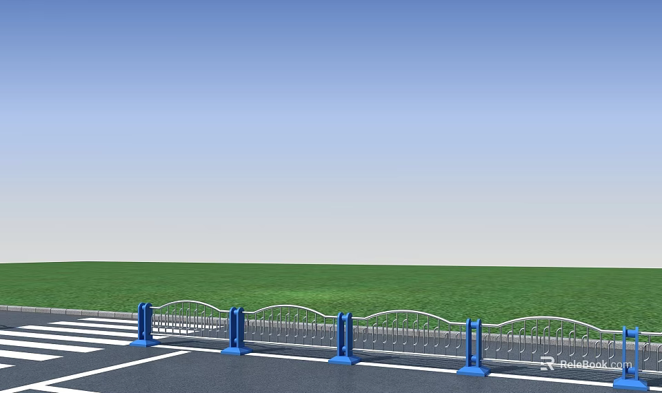 Blue Metal Railing in the Middle of Road with Green Grass and Blue Sky 3d model 