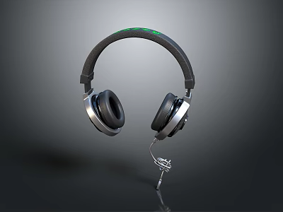 Wired Computer Gaming Headphones With Black Silver Design And Green Headband Accents 3d model