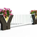 White Road Railing With Flower Decorations Near Trees And Pavilion