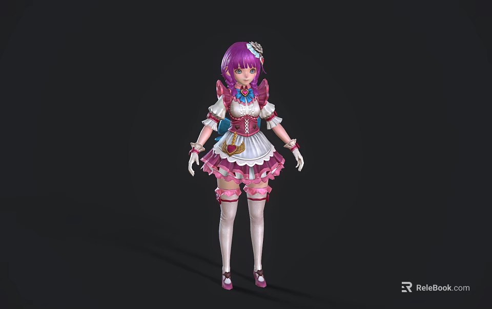 Anime Style Woman With Purple Hair Pink White Lace Outfit And Flower Headpiece 3d model 