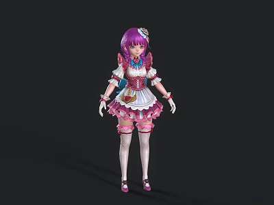 Anime Style Woman With Purple Hair Pink White Lace Outfit And Flower Headpiece 3d model