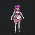 Anime Style Woman With Purple Hair Pink White Lace Outfit And Flower Headpiece