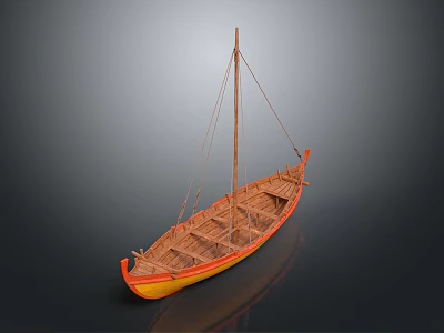 Wooden Boat Featuring Mast Ropes And Orange Brown Hull With Reflection On Smooth Surface 3d model