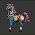 Blue Military Vehicle Horse With Pink Mane Tail Golden Decorations And Red Gemstone Saddle