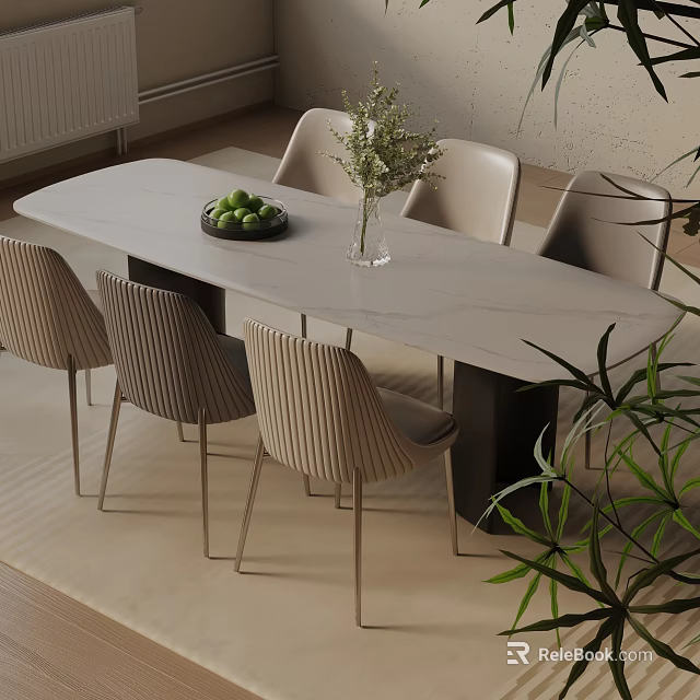 Modern Dining Table Set With Six Striped Chairs Light Tabletop Fruit Bowl And Glass Vase 3d model 