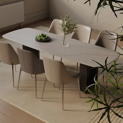 Modern Dining Table Set With Six Striped Chairs Light Tabletop Fruit Bowl And Glass Vase 3d model