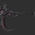 Dark Gothic Scythe Weapon With Black Red Intricate Design And Sharp Blade Details