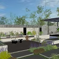 Serene Courtyard Garden With Lush Plants Purple Flowers Stone Pathways And Pergola