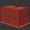 Industrial Warehouse with Red Brick Walls Windows Red Water Tower American Flag Yellow Star Decorations