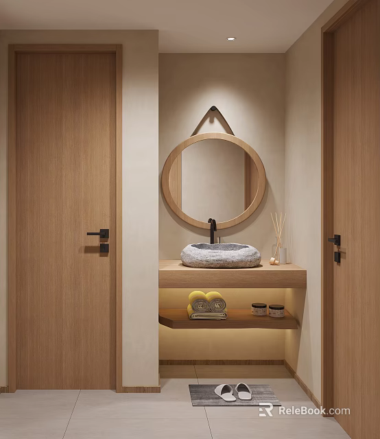 Modern Bathroom Interior With Round Wooden Mirror Stone Sink Shelves And Decorative Items 3d model 