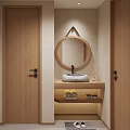 Modern Bathroom Interior With Round Wooden Mirror Stone Sink Shelves And Decorative Items