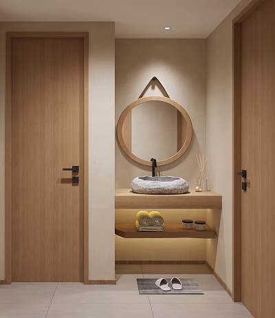 Modern Bathroom Interior With Round Wooden Mirror Stone Sink Shelves And Decorative Items 3d model