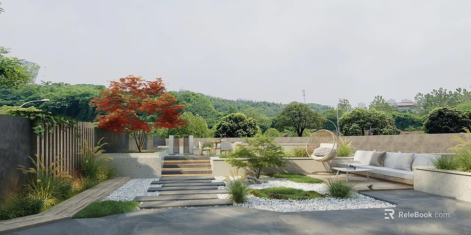 Serene Garden Landscape with Red Maple Tree Stone Steps Seating Area Pebbles and Greenery 3d model 