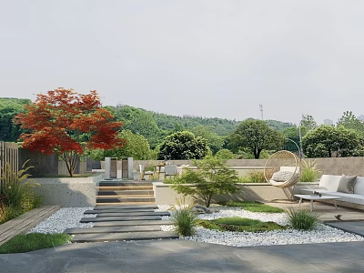 Serene Garden Landscape with Red Maple Tree Stone Steps Seating Area Pebbles and Greenery 3d model