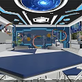 School Science Laboratory With Blue White Hexagonal Decor Circular Ring Installations Tables Chairs And Windows 3d model