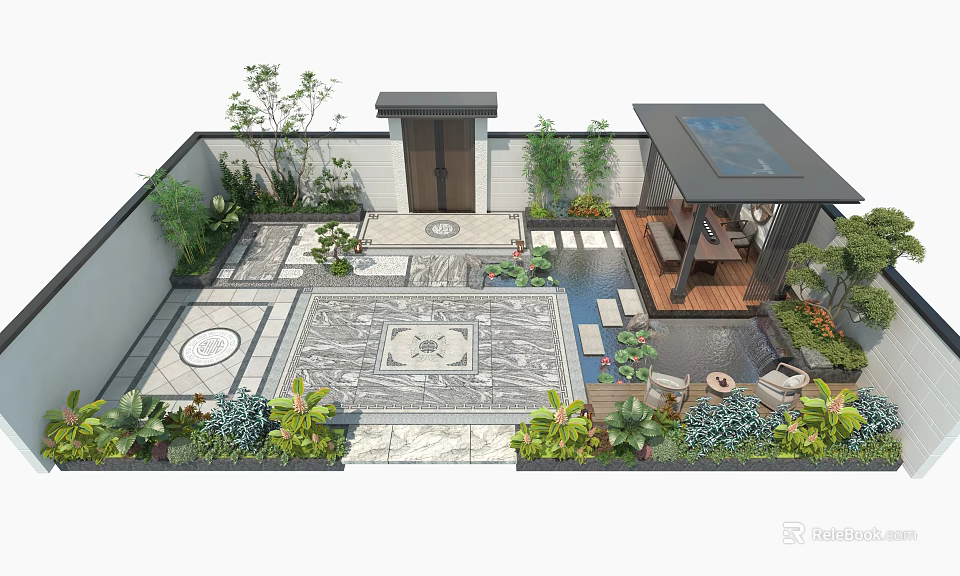 Courtyard Garden With Decorative Stone Patio Lush Greenery Water Feature And Wooden Pavilion 3d model 