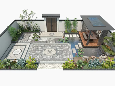 Courtyard Garden With Decorative Stone Patio Lush Greenery Water Feature And Wooden Pavilion 3d model