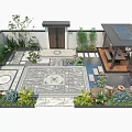 Courtyard Garden With Decorative Stone Patio Lush Greenery Water Feature And Wooden Pavilion
