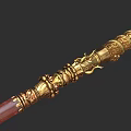 Golden Ornate Weapon With Carved Dragon Head Red Shaft And Intricate Traditional Patterns Inscriptions