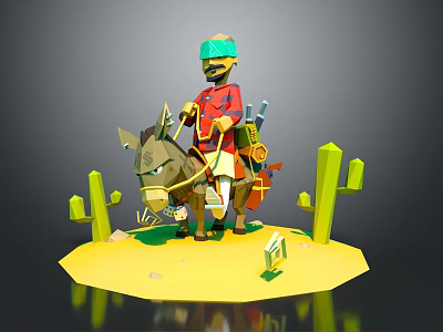 Low Poly Game Character With Green Goggles Riding Donkey In Desert With Cacti And Stones 3d model