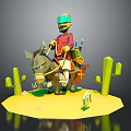 Low Poly Game Character With Green Goggles Riding Donkey In Desert With Cacti And Stones