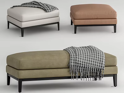 Modern Ottoman Stools In White Brown Light Green With Black Legs And Plaid Blanket 3d model
