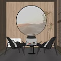 Modern Chair And Table Set With Round Window Desert View And Wooden Walls