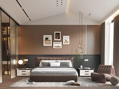 Modern Bedroom Interior With Upholstered Headboard Framed Paintings Accent Armchair And Soft Rug 3d model