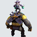 Muscular Warrior With Small Wizard On Shoulders Holding Green Orbs And Axes