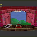 Indoor Stage Scene with Red Curtains Blue Backdrop Green Hills and Wooden Floor