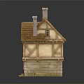 Traditional Wooden Cottage With Stone Base Multiple Windows And Two Chimneys