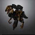 Mechanical Raptor Dinosaur Character with Orange Black Body Mechanical Backpack and Leg Armor