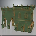 Green Gothic Castle Architectural Model With Spire Towers Arched Doors And Windows