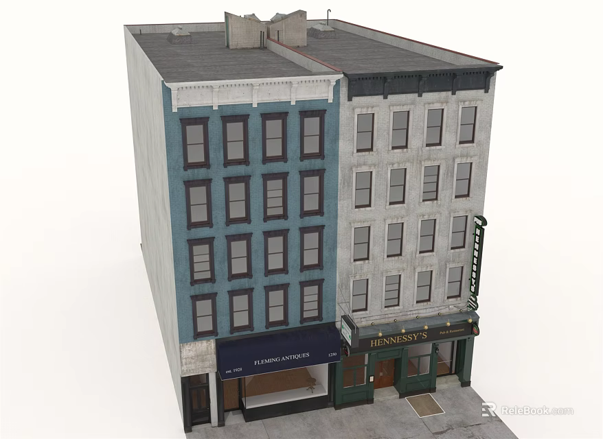Two Story Urban Building With Blue And Gray Facade Storefronts And Multiple Windows 3d model 