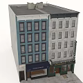 Two Story Urban Building With Blue And Gray Facade Storefronts And Multiple Windows