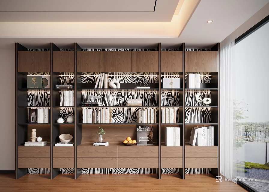 Modern Wooden Decorative Cabinet With Books Decorative Items Vases And Drawers 3d model 