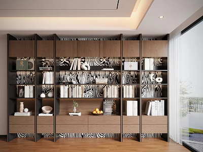 Modern Wooden Decorative Cabinet With Books Decorative Items Vases And Drawers 3d model