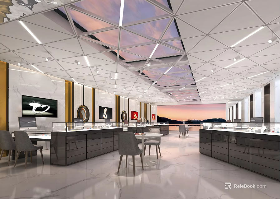 Luxury Jewelry Store Interior With Glass Display Cases Elegant Lighting And Marble Flooring 3d model 