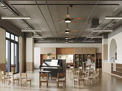 School Music Room With Grand Piano Wooden Chairs And Ceiling Fans 3d model
