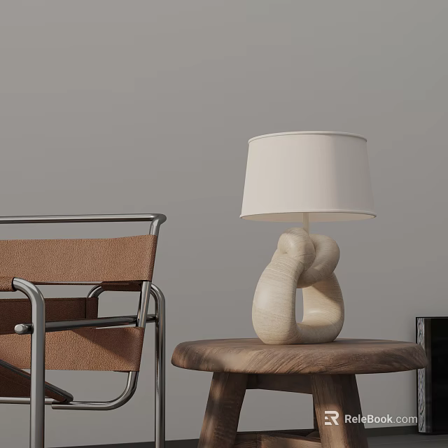 Modern Wooden Knotted Base Table Lamp with Beige Lampshade on Side Table Beside Leather Chair 3d model 