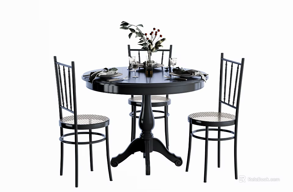 Black Round Dining Table Set with Slatted Back Chairs Light Seats Vase and Tableware 3d model